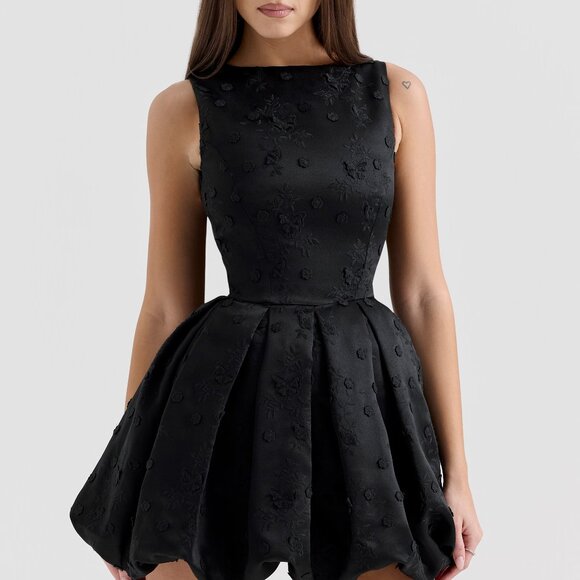 Melika black backless embroidered mini puffball dress S - Picture 5 of 8
